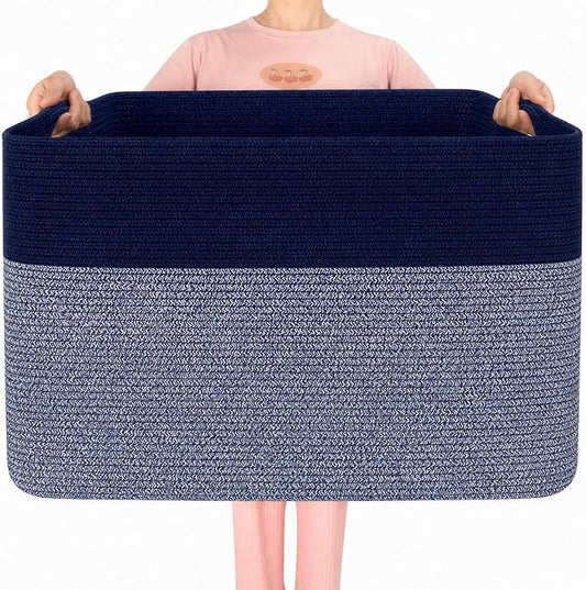 112L Extra Large Blanket Basket Holder Living Room, 25"x17"x16" Rectangle Rope Woven Storage Basket with Handles for Laundry, Towels, Shoes, Dog Toy Organizer Bin Box, Navy Blue by MINTWOODDesign