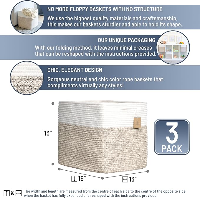 NaturalCozy 13x15x13 Kallax Storage Cubes Bins, 3 Pack | Cotton Rope Cube Storage Bin Woven Baskets for Organizing | Kallax Insert Storage Baskets for Shelves Organizer, Kids Toy, Closet Baby Nursery - Image 2