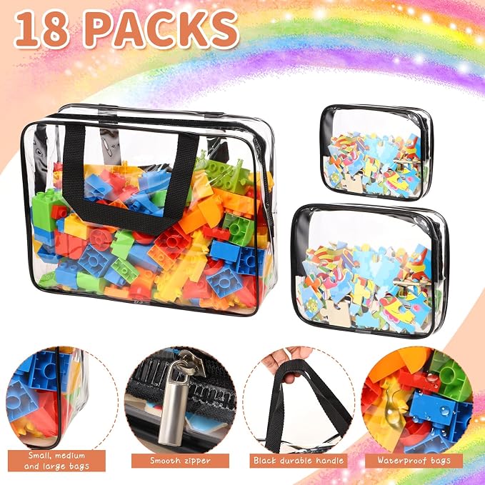 18 Packs Toy Storage Bags with Labels, Clear PVC Puzzle Storage Bags, Waterproof Travel Toy Organizer Bags with Zipper for Building Blocks Kids Books (3 Size) - Image 3
