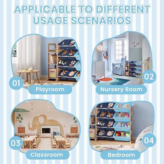 Toy Storage Organizer - Toy Organizers and Storage with Bookshelf, Toy Storage Shelf with 3 Shelves and 12 Storage Bins, Kids Bookshelf and Toy Storage for Kids Room, Playroom, Bedroom, Nursery, Blue - Image 6