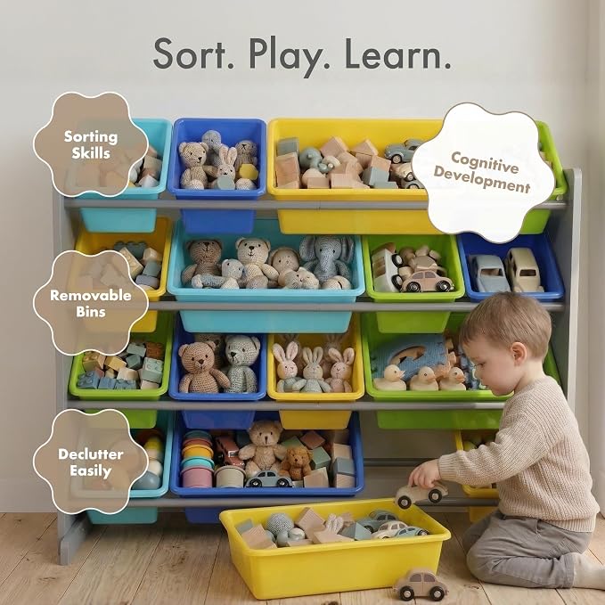 Humble Crew Kids Toy Organizer with 16 Bins, 4 Tier Storage for Playroom | Sturdy wood and steel toddler shelf, removable BPA-free containers, wall anchor anti-tip safety kit for bedroom or classroom - Image 6