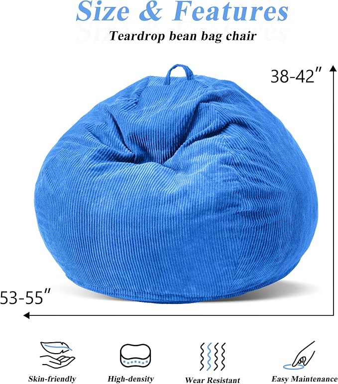 5FT Bean Bag Chair for Adults,Gaint Teardrop Beanbag with Filler | Beanbag Chair with Memory Foam Filled,Bean Bags with Handy Handle&Machine Washable Cover for Living Room,Bedroom-Blue - Image 2
