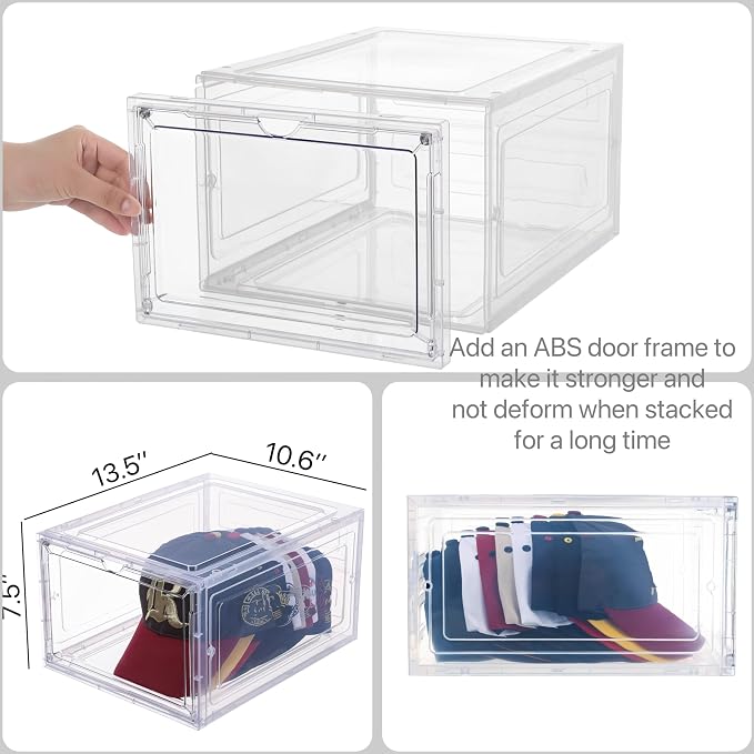 Attelite Upgrade Harder Solid Plastic Hat Organizer for Baseball Caps, 8 Pack Stackable Hat Storage Box with Clear Magnetic Door, Hat Rack(XL-Clear) - Image 3