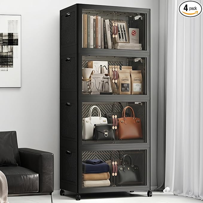 Stackable Storage Bins with Lids, 440QT Lockable Storage Cabinet | Closet Organizers, Foldable Storage Box with Doors and Wheels, Plastic Drawers for Home, Garage, Office (4, Black, Plus) by UAMFURIDirect