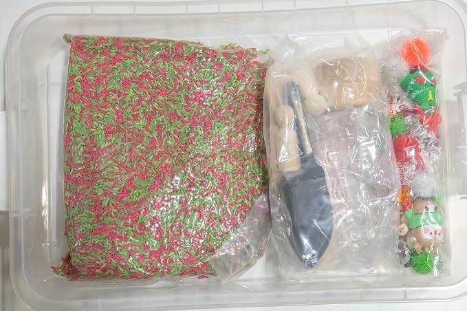Christmas Sensory Bin Kit for Kids | Christmas Theme Red & Green Rice, Xmas Accessories, Santa Claus & Wooden Tools – Includes Clear Storage Bin - Image 8