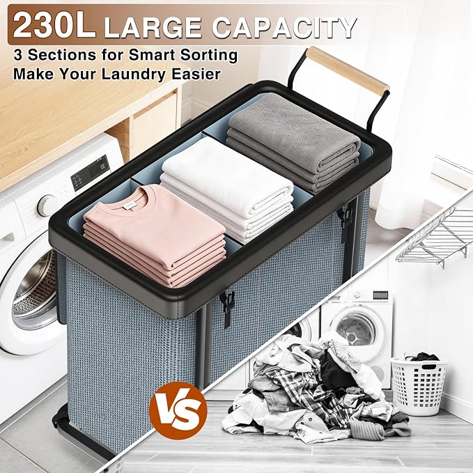 Rolling Laundry Hamper with Wheels, Laundry Hamper 3 Section with Lid Gray | Laundry Basket with Rolling Lockable Wheels and Handle, Laundry Basket Organizer for Laundry Room, Bedroom 230L - Image 4