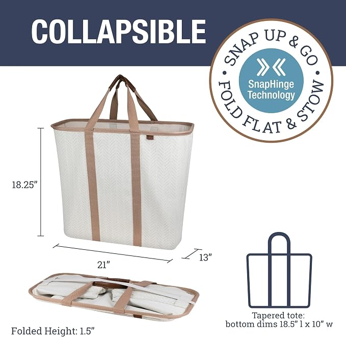CleverMade Collapsible Fabric Laundry Hamper Premium, Cream Herringbone, 2 Pack | Upgrade Visible Laundry Storage | Refined Fabric and Vegan Leather Suit Open Rooms, While Structured Frame Carries 2 Loads - Image 2