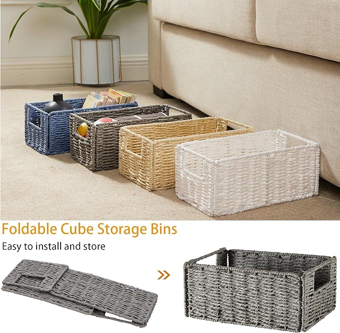 Wicker Storage Basket, Set of 2 Hand-Woven Paper Rope Wicker Basket, Small Storage Baskets for Organizing Toilet Paper Basket, Foldable Large Cube Storage Organizer Bins for Shelves (White) - Image 6