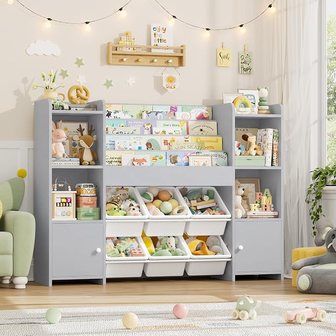 Toy Storage Organizer with 6 Toy Bins & 4 Tier Kids Bookshelf | Toy Organizer with 6 Cubbies, Kids Toy Organizers and Toy Storage with Bins, Playroom Storage and Toy Chest, Grey - Image 5