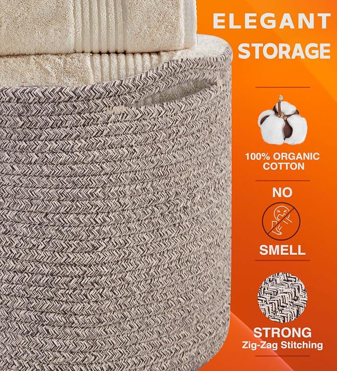 CHAT BLANC Cotton Rope Baskets for Organizing, Shelves, Toys, Storage, Shoe, Bathroom, Laundry, Towel, Nursery, Home Decor, Blanket, Cloth Woven Bins Fabric (Brown, 15"x10"x9") - Image 2