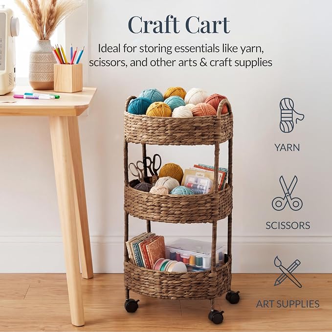 Best Choice Products 3-Tier Round Rolling Nursery Caddy w/Wheels, Handwoven Utility Cart, Storage Organization for Bathroom, Craft Room, Laundry Room - Chestnut - Image 5