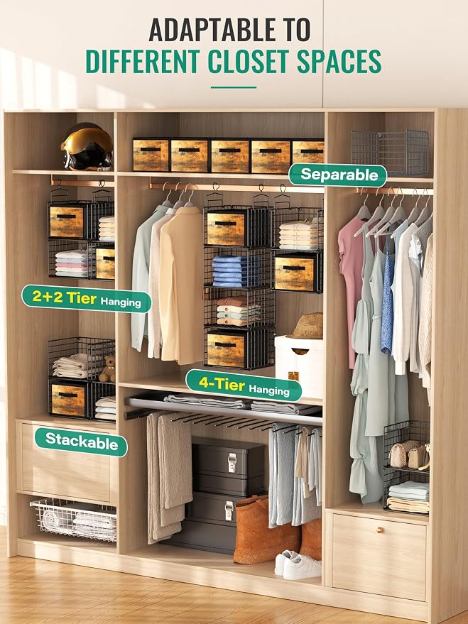 Hanging Closet Organizer with Drawers, 4 Tier Metal Closet Organizers and Storage with 4 Hanging Hooks 4 S-Hooks for Wardrobe Laundry Room, Wire Storage Shelf for Clothes Sweaters Pants (Black) - Image 5