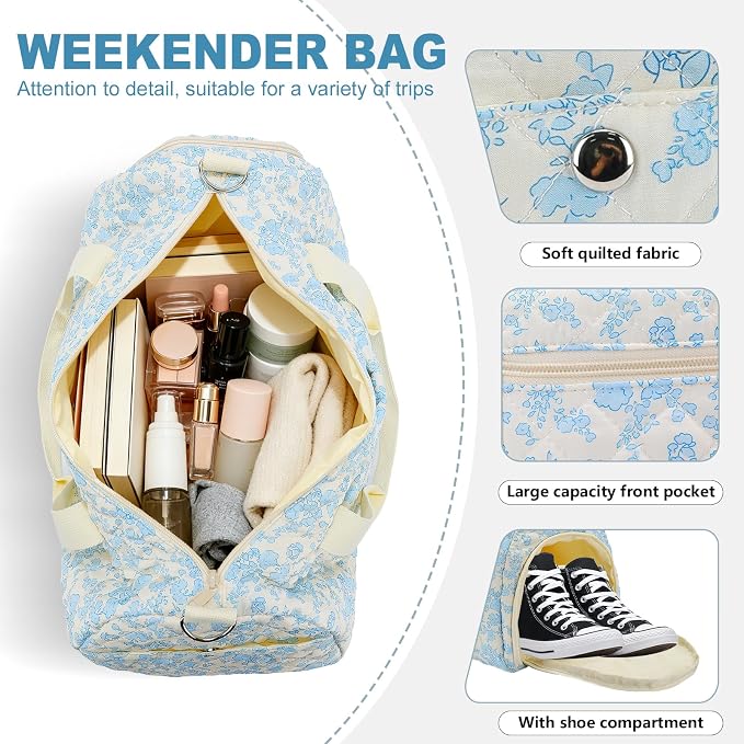 Floral Quilted Duffle Bag, Weekender Travel Bag for Women | Floral Quilted Duffle Bag for Women, Spacious Weekender Travel Bag with Separate Shoe Compartment and Multi Pockets - Image 4