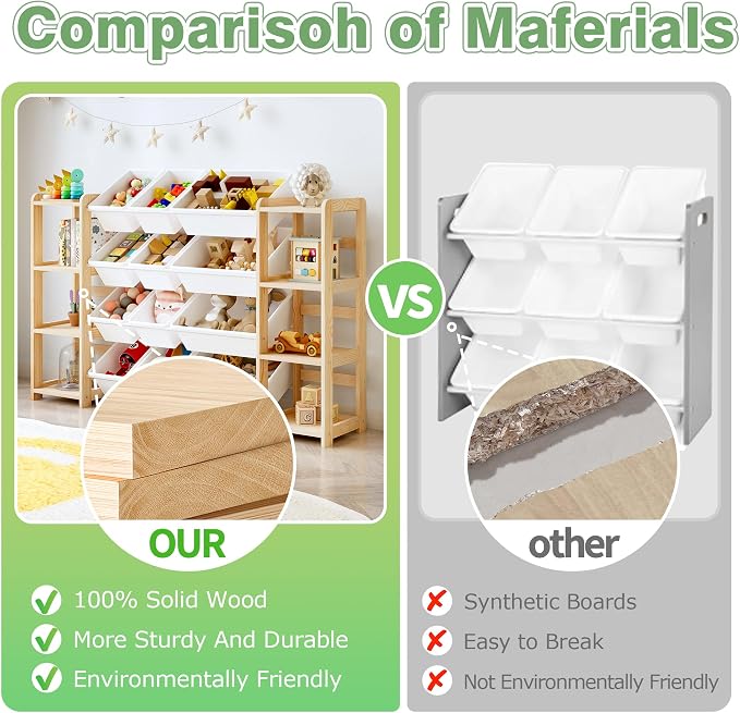 MallBest Extra Wide Toy Storage Organizer with Dual Bookshelves, Kids Wooden Shelf with 12 Removable Bins for Books, Toys, Playroom, Nursery, Bedroom, Natural, Large - Image 3