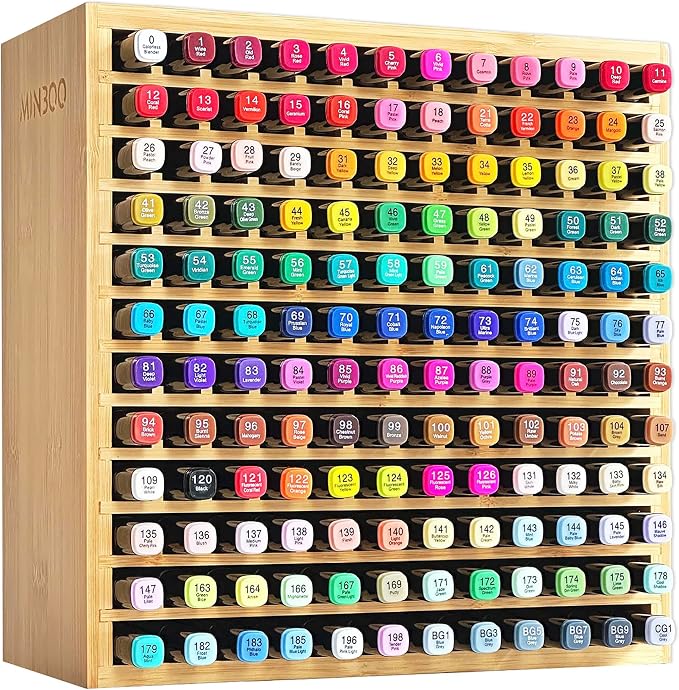 MinBoo Marker Organizer for 144 Markers, Bamboo Art Supply Storage Organizer Rack, Art Markers Pens Colored Pencils Paint Brushes Stationary Organizer Holder for Home Classroom Office Desk Decor by MinBoo