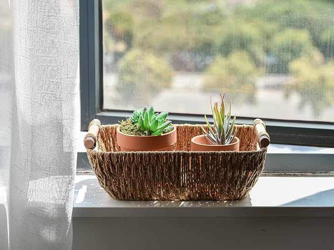StorageWorks Hand-Woven Small Wicker Baskets, Round Paper Rope Storage Baskets with Wooden Handles, Light Brown, 2-Pack | Wicker Storage Baskets for Shelves, Baskets with Wooden Handles, 2-Pack Gifts Basket for Home Decor, Hand-Woven Basket - Image 6