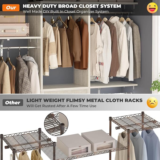 5FT Small Closet System with 3 Fabric Drawers, 60'' Walk In Closet Organizer System With 3 Adjustable Shelves, Heavy Duty Clothes Rack Built-In Garment Rack, 59" L x 16" W x 71"H, White Oak - Image 3