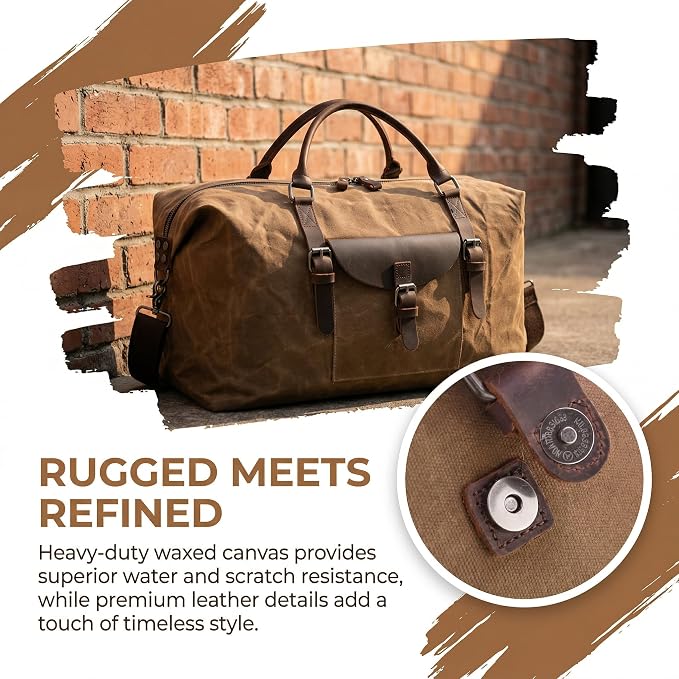 NEWHEY 55L Travel Duffel Bag, Waterproof Waxed Canvas & Leather Weekender Bag for Men, Large Carry-on Overnight Bag for 4-5 Day Business Trips & Weekend Getaways, Brown - Image 6