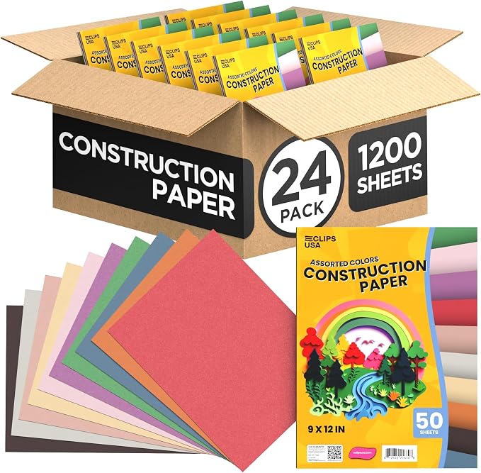 Construction Paper Assorted Colors (1200 Sheets) 9x12 Construction Paper Bulk for Arts Crafts 50 Sheets Per Pack School & Classroom Supplies (24 Pack) by E-CLIPSUSA