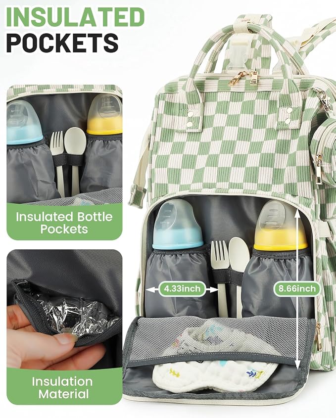 Corduroy Diaper Bag Backpack, Large Capacity Multifunction Baby Diaper Bags for Women, Insulated Bottle Pockets & Pacifier Case, Stylish Travel Nappy Changing Bags for Mom Dad (Checkered Green) - Image 3
