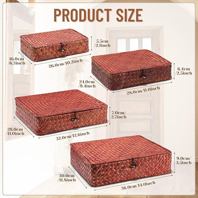 Didaey Set of 4 Seagrass Basket with Lid Wicker Storage Basket Decorative Storage Boxes with Lids Flat Storage Bins Woven Organizer Baskets for Shelf Closet Bedroom, 4 Sizes (Retro Red) - Image 2