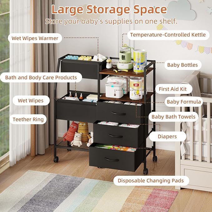 Somdot Baby Diaper Caddy Organizer, 3-Tier Rolling Cart with Drawers | Large-Capacity Metal Nursery Organizer with Removable Dividers, Black Rustic Brown - Image 3