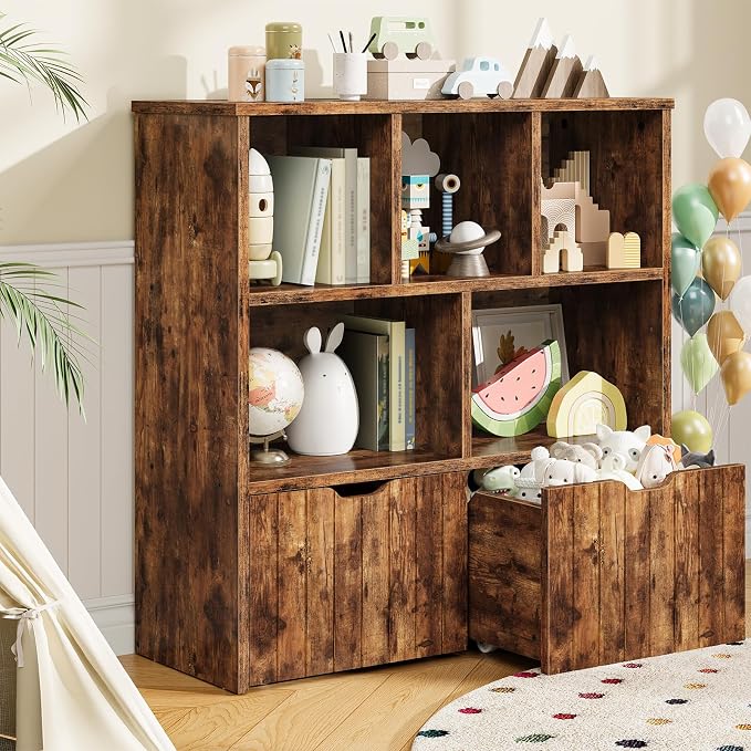 HOOBRO Toy Storage Organizer, Toy Organizers and Storage with 2 Movable Drawers and 5 Cubbies, Toy Chest Shelf for Books or Dolls, Kids Bookshelf and Toy Storage for Playroom, Rustic Brown BF88CW01 - Image 4