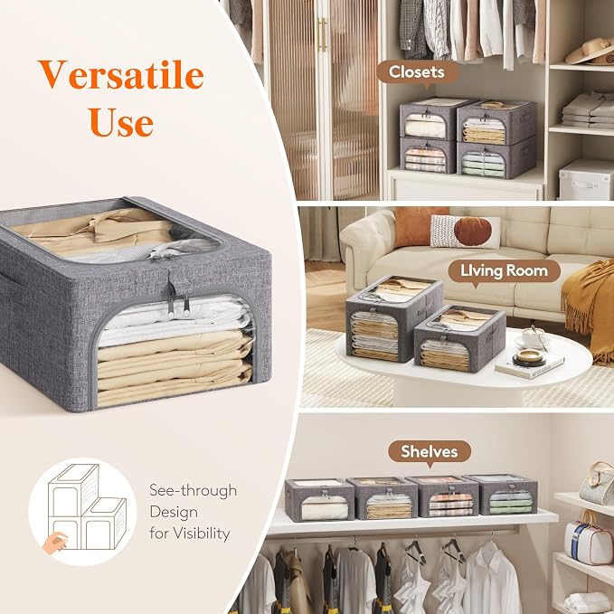 Lifewit Clothes Storage Bins with Metal Frame 3 Pack, Fabric Stackable Storage Bags with Lids, Zipper, Foldable Clost Organizers Containers for Clothing, Blanket, Winter Cloth, 25L - Image 8