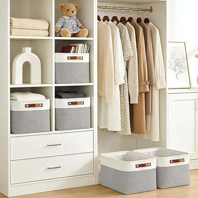Storage Bins Large Fabric Storage Baskets for Shelves 3 Pack, Decorative Linen Closet Baskets with Handles for Organizing, Shelf, Clothes, Home, Office, 15x11x9.5Inches (Grey&White) - Image 3