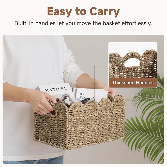 StorageWorks Wicker Storage Baskets for Shelves, Woven Basket for Nursery | Scalloped Wicker Basket for Living Room, Decorative Scalloped Baskets for Storage, Wicker Baskets for Organizing and Decor - Image 4