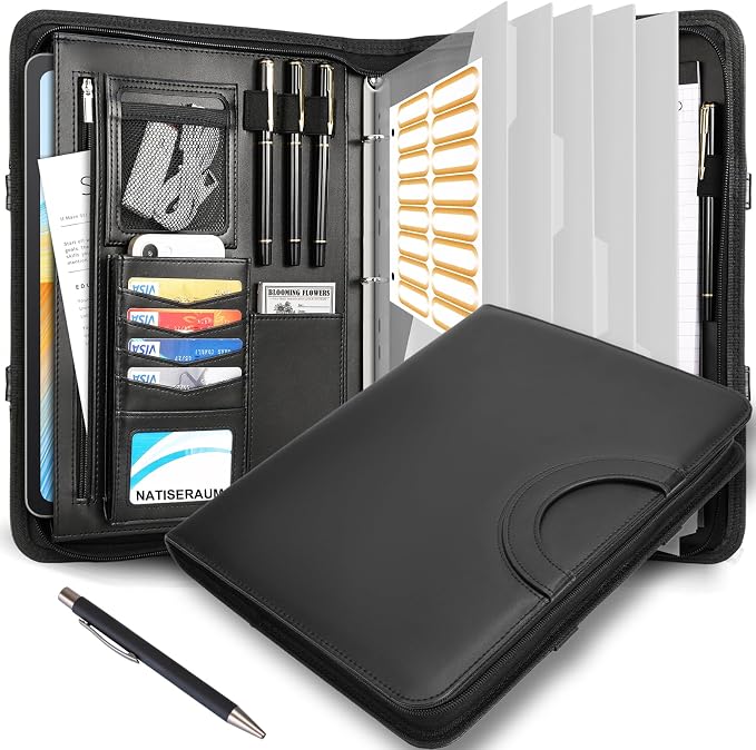 Portfolio Binder 3 Ring Includes Pen and 5 Dividers with 10 Pockets, Padfolio Organizer with Zipper for Men and Women, Includes A4 Notepad for Business, School, Work by NATISERAUM