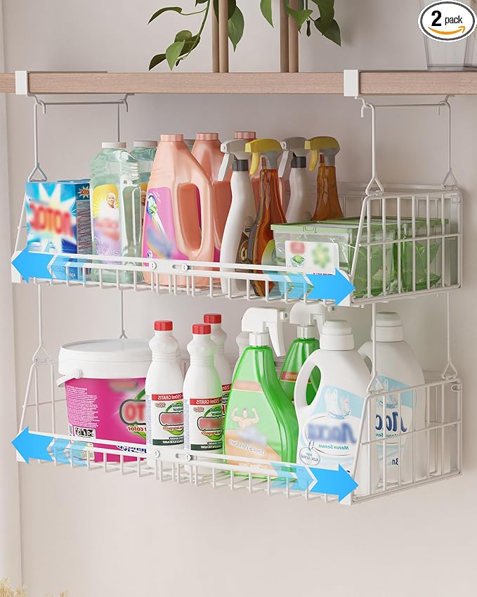 2 Pack Under Shelf Organizer Hanging Under Shelf Storage Basket,White | Extendable heavy-duty metal under shelf basket, sturdy & durable, fits kitchen, pantry, closet, office, adjustable length by Unknown