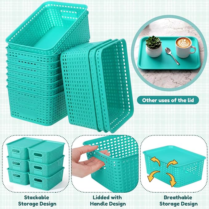12 Pack Plastic Storage Baskets with Lids Stackable Organizing Bins Storage Baskets Organizers and Containers for Closet, Pantry, Office, 10.2 x 7.2 x 4.1 Inches(Teal) - Image 5