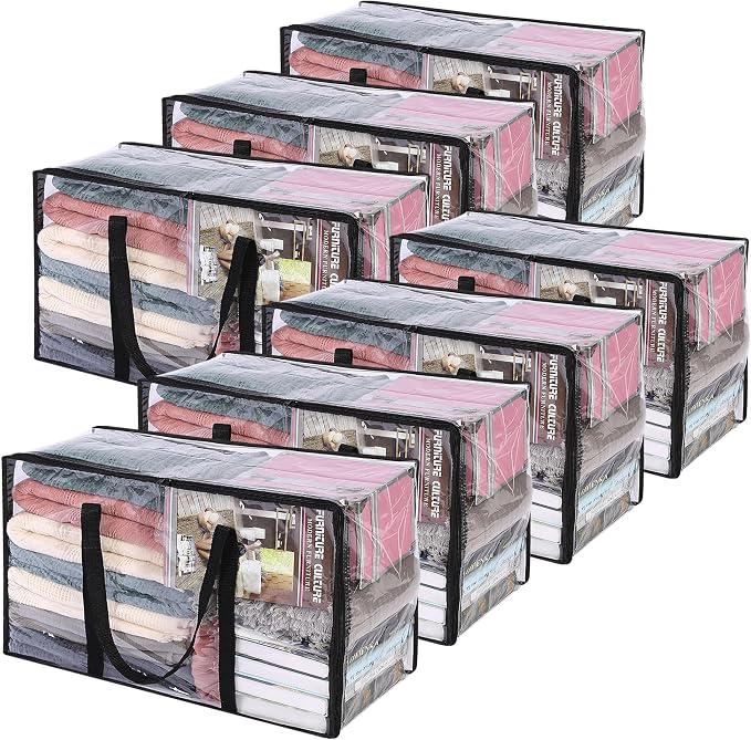 7 Pack Clear Clothes Storage Bags with Zipper 60L | Plastic Storage Bag, Foldable Closet Organizer, For Comforter Blanket Bedding Duvet Toys, Moving Bags by Vieshful