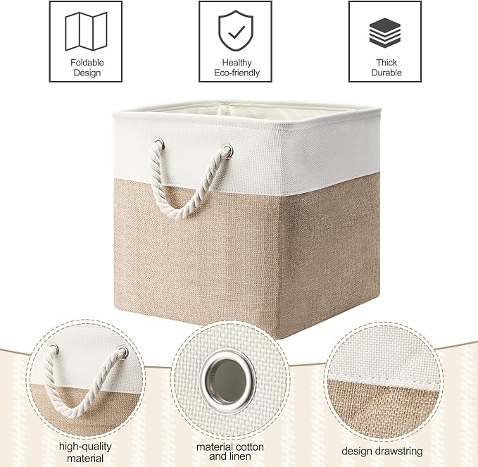 FoldTier 10 Pack Large Collapsible Fabric Storage Baskets with Handles Decorative Storage Bins for Organizing Shelves Toys Clothes(White & Beige,12 x 12 x 12 Inches) - Image 3