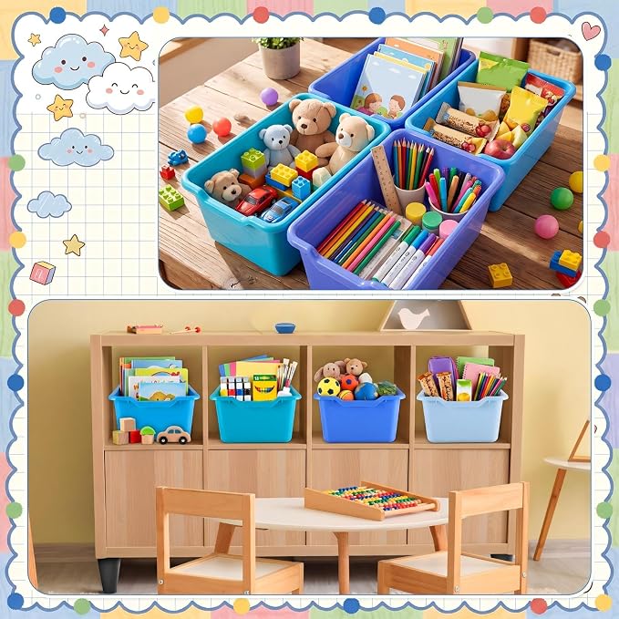 16 Pcs Cubby Bins for Classroom Plastic Book Bins,Blue Series | Storage Bins for Classroom Library, Plastic Stackable Toy Tubs Containers for School Office Home Nursery Playroom - Image 4