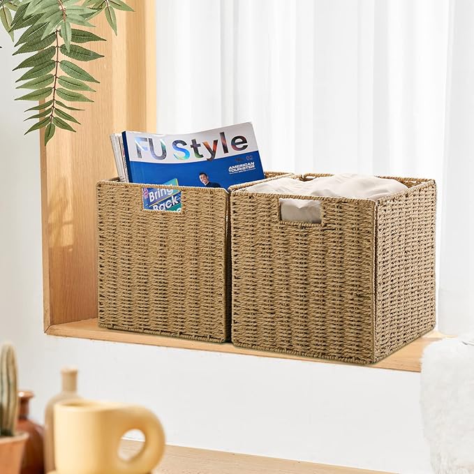 Wicker Baskets for Storage, Set of 5 Hand-Woven Wicker Storage Baskets for Shelves, Cube Storage Baskets Bins with Handles, Wicker Basket for Organizing Pantry Bedroom, Natural - Image 4