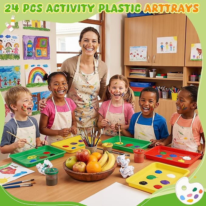Remerry 24 Pcs Plastic Art Tray for Classroom Stackable Activity Craft Sand Tray Sensory Play Organizer for Kid Painting School Work Art Project Jewelry Sorting Supply (13.4 x 10 Inch,Rainbow Color) - Image 3