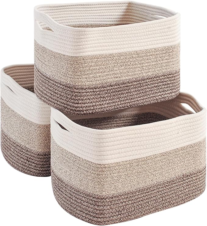 Storage Baskets for Organizing Shelves, Woven Cotton Rope Basket for Storage, Decorative Baskets for Shelves, Soft Basket for Living Room Bedroom, 14.8"×11"×9.5", Pack of 3, Gradient Brown by Unknown