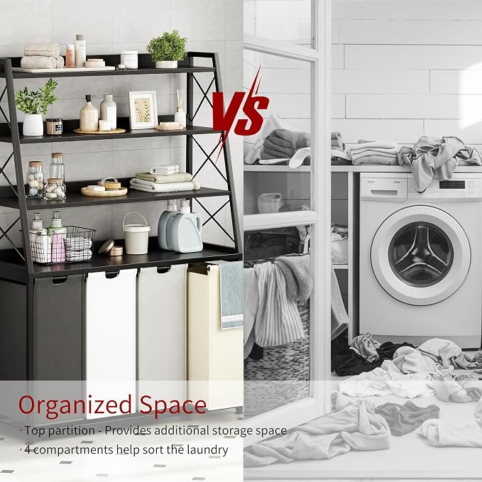 Herture Laundry Basket, 4 Section Laundry Hamper with 4 Tiers Shelf, Pull-Out and Removable Laundry Bags, Large 4 x 15.87 Gallons, for Laundry Room Bathroom Black PF12XLK - Image 6