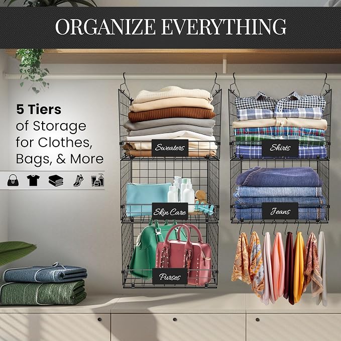 DECOLURE 5-Tier Adjustable Hanging Closet Organizer – Maximize Hanging Storage w/ 4 Hanging Hooks, 8 S Hooks & 5 Name Plates - Sturdy Foldable Wire Storage Hanging Shelves for Clothes, Towels (Black) - Image 5