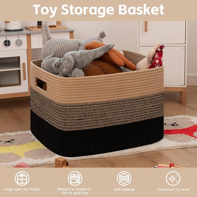 OIAHOMY 118L Extra Large Blanket Basket, Rectangle Woven Cotton Rope Storage Basket,Used for storing Dirty Clothes, Stuffed Animal Toy Storage for Living Room,Kids Room,25" x 17" x 16", Brown Black - Image 3