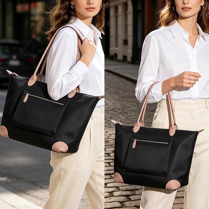 DORIS&JACKY Women Lightweight Tote Bag Designer Leather Work Shoulder Purse | Large Foldable Waterproof Nylon Hobo, Soft Fashion Casual Travel Gym Shopping Handbags with Long Leather Strap - Image 2