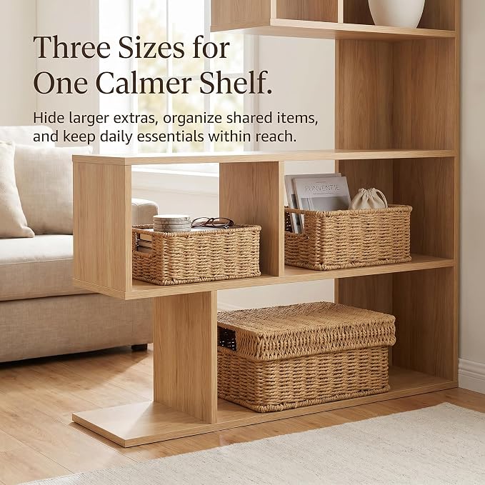 Wicker Storage Basket with Lid for Shelves, 3-Basket Set, Natural | One rectangular wicker basket with lid and two open baskets for decorative shelf storage; removable lid flips into a tray. - Image 7