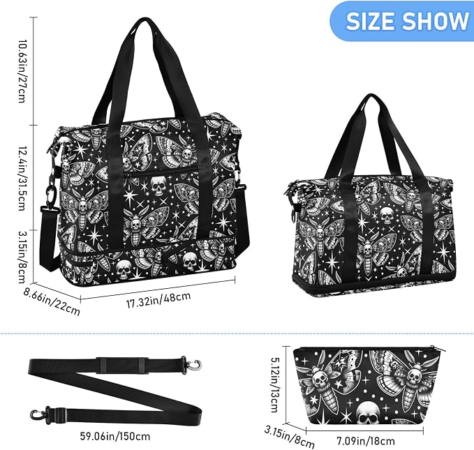 Travel Duffel Tote Bag Digital Skull Head Moth Sports Duffel Bag with Wet Pocket Weekender Overnight Bag for Women Men Gym Bag, Carry On Bag Hospital Bag for Labor and Delivery - Image 6