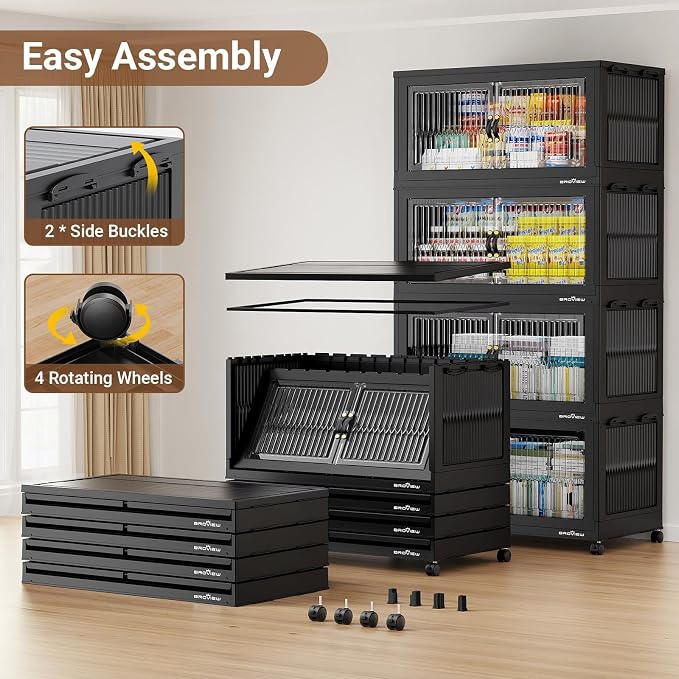 BROVIEW 800Qt Extra Large Stackable Storage Bins with Lid, Closet Organizer Collapsible Drawer Boxes with Wheels, Folding Plastic Cabinet Containers for Home Kitchen Room Organization, 4Pack Black - Image 6
