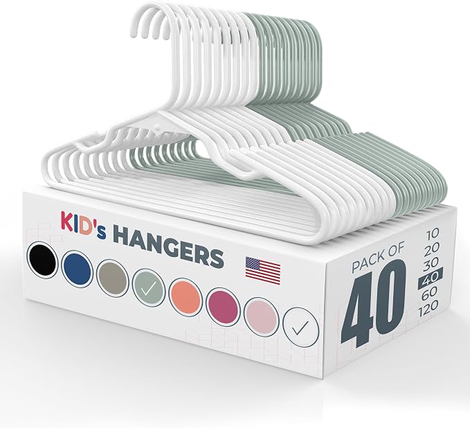 Plastic 12” Kids Hangers 40 Pack – Made in The USA – 5lb Capacity Baby & Toddler Clothes Hangers with Notches & Reinforced Edges – Fits Children’s Sizes Up to 8 – White & Gray by NeatiesHangers