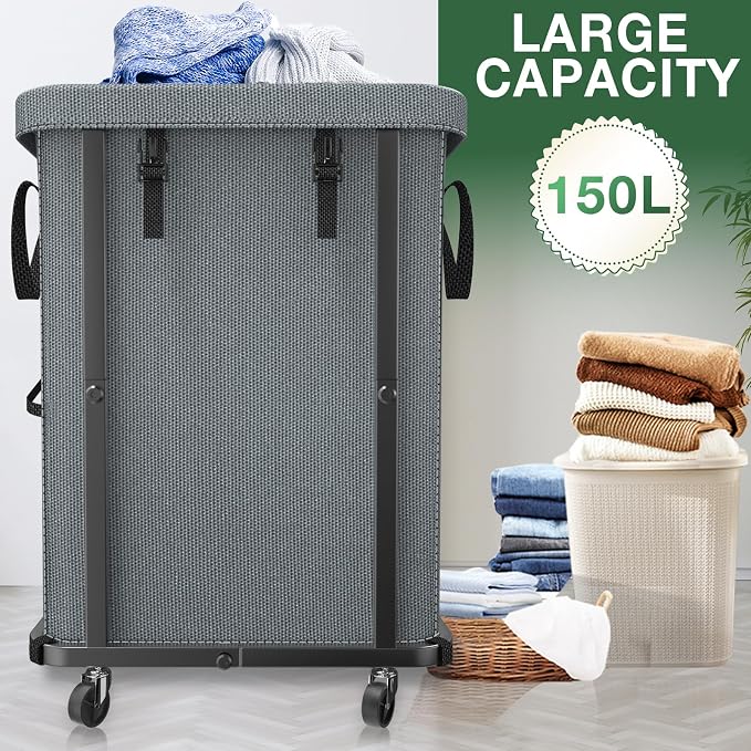 40 Gal(150L) Laundry Basket with Lid, Rolling Laundry Hamper with Wheels, Dirty Clothes Hamper with Metal Frame and Removable Bag Design, Suitable for Laundry Room, Bedroom - Grey (Pack of 2) - Image 2