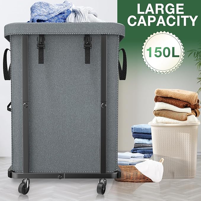 Laundry Hamper with Lid,150L Rolling Laundry Basket with Wheels,Grey | Dirty Clothes Hamper with Metal Frame and Removable Bag Design,Large Rolling Hampers for Laundry Room, Bedroom,Dorm - Image 2