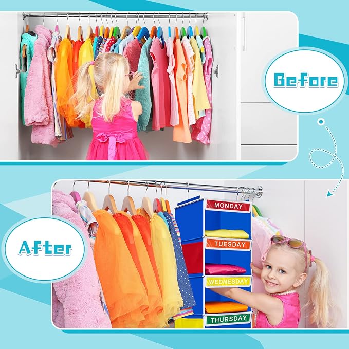 2 Pcs 7 Shelf Weekly Clothes Organizer for Kids Hanging Closet Organizer 11. 8 x 11. 8 x 50 Inches Daily Activity Kids Clothes Storage Drawers Cube Drawers Closet Hanging Shelves(Blue) - Image 4